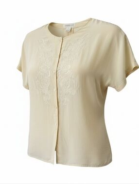 Vintage Jones New York Blouse Sz 14 Cream 100% Silk Embroidered Button Front Y2K